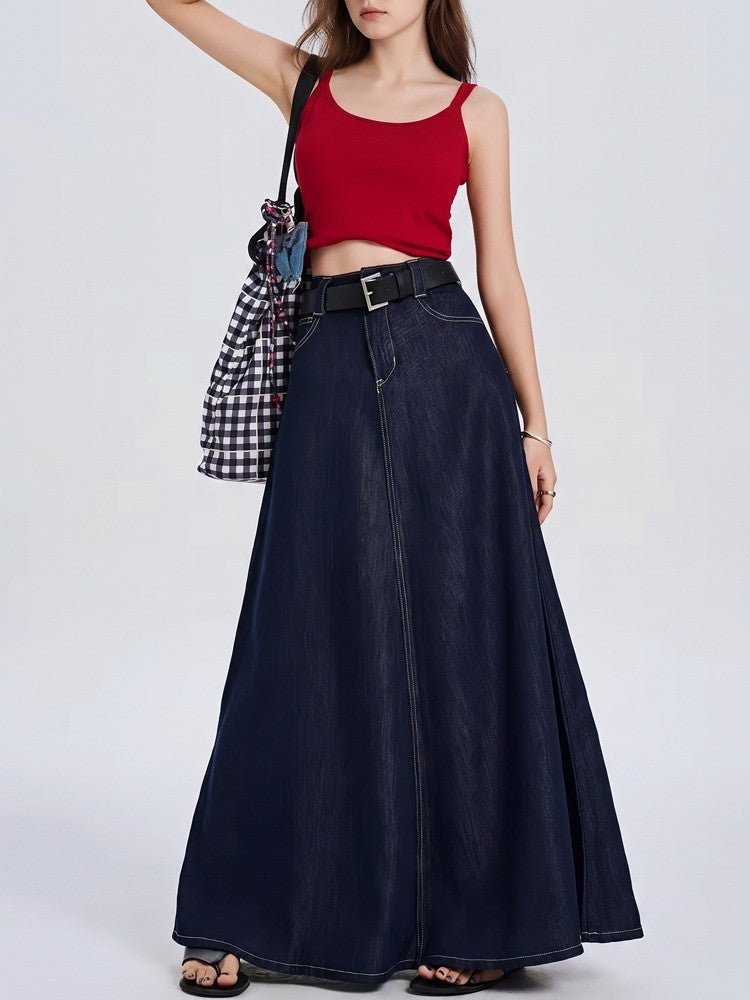 A-Line denim maxi skirt with high waist in soft cotton, indigo color, mid-calf length for women, perfect for casual and stylish outfits. 0