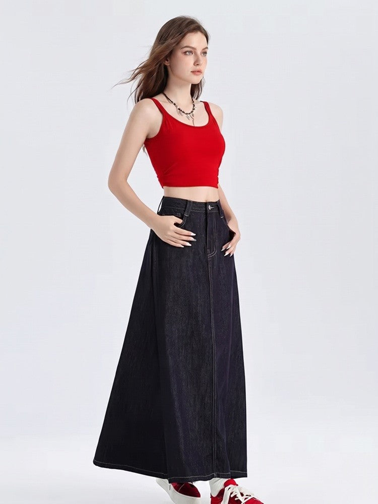 A-Line denim maxi skirt with high waist in soft cotton, indigo color, mid-calf length for women, perfect for casual and stylish outfits. 1