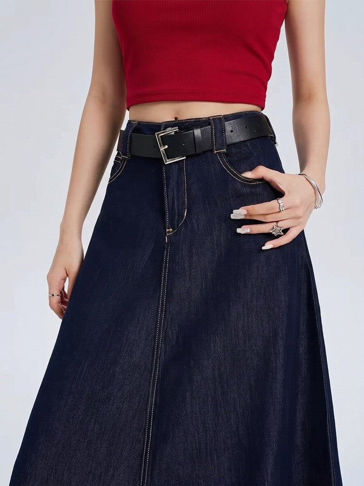 A-Line denim maxi skirt with high waist in soft cotton, indigo color, mid-calf length for women, perfect for casual and stylish outfits. 2