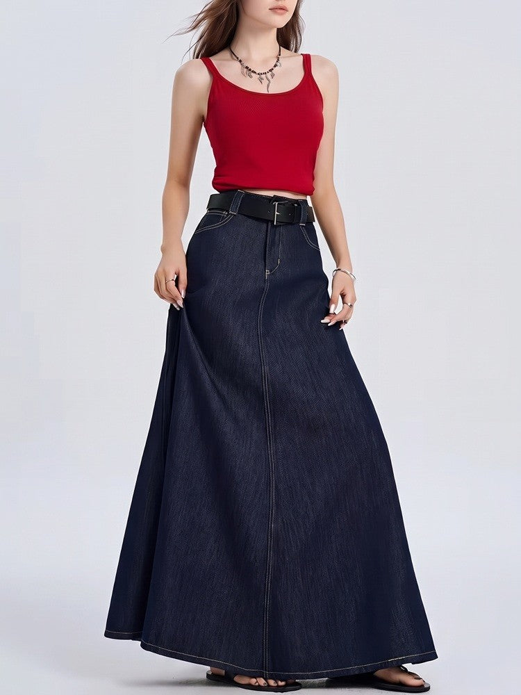 A-Line denim maxi skirt with high waist in soft cotton, indigo color, mid-calf length for women, perfect for casual and stylish outfits. 3