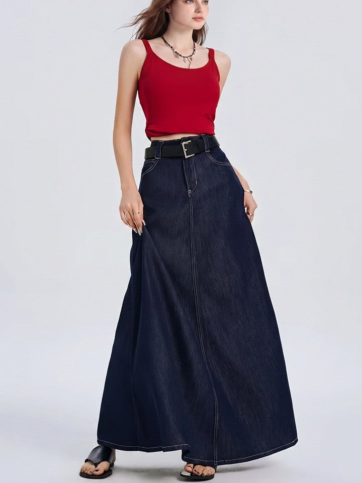 A-Line denim maxi skirt with high waist in soft cotton, indigo color, mid-calf length for women, perfect for casual and stylish outfits. 4