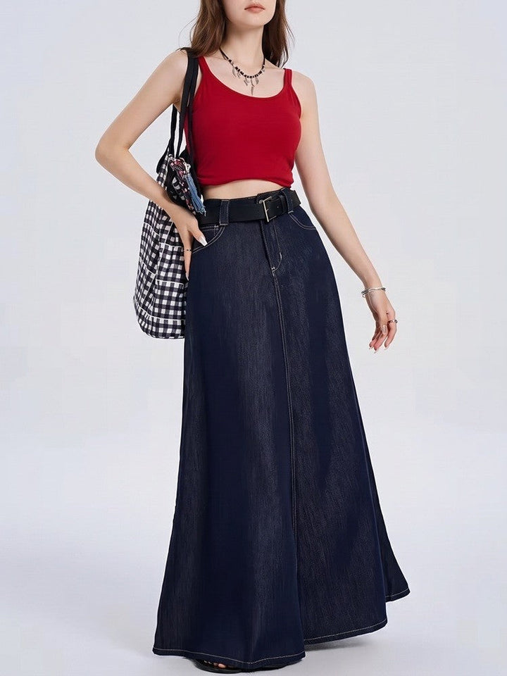 A-Line denim maxi skirt with high waist in soft cotton, indigo color, mid-calf length for women, perfect for casual and stylish outfits. 5