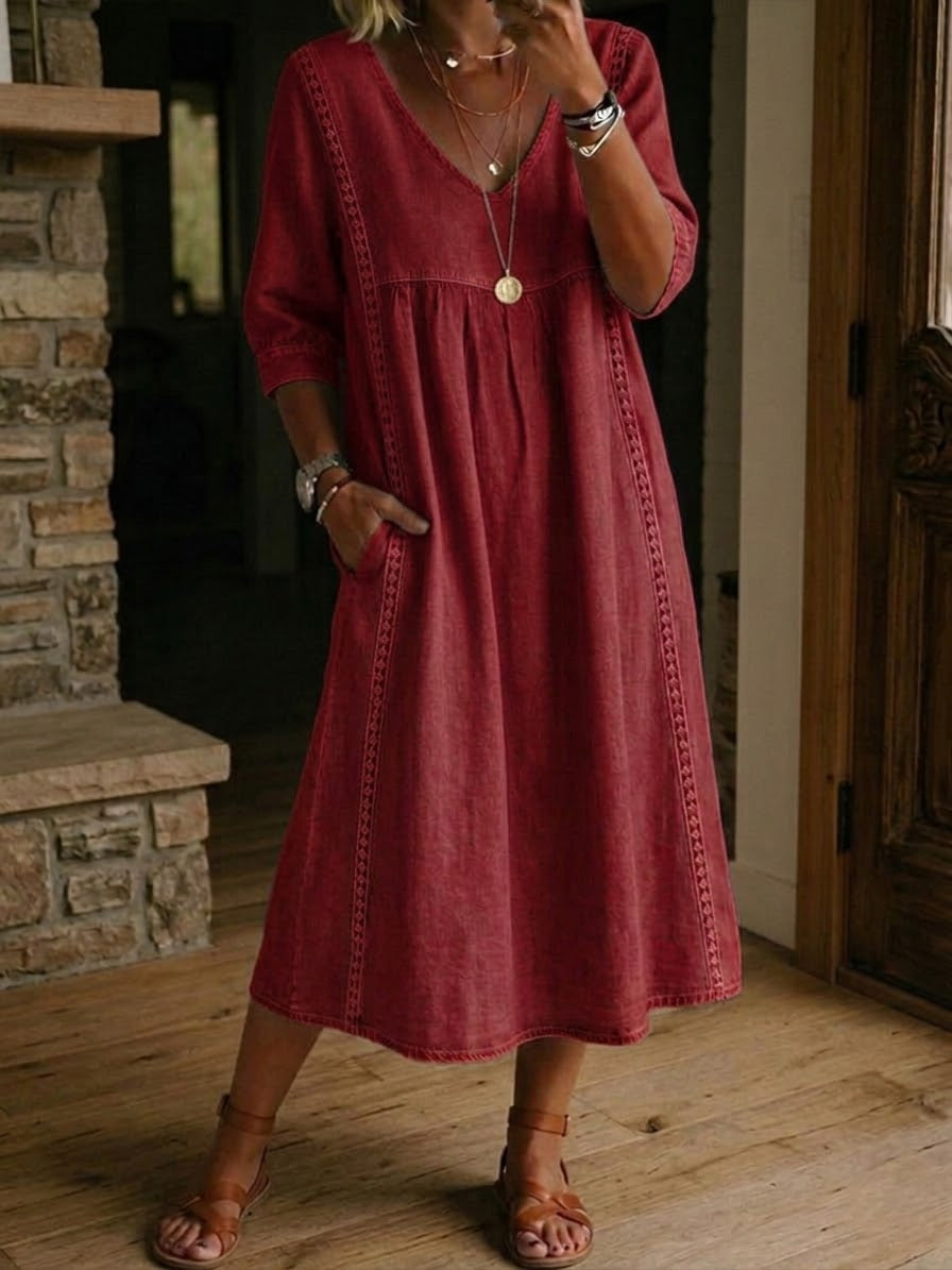A-Line Maxi Dress with Chic Patchwork Design and Lace Trim – Lightweight and Breathable Long Dress for Women 4
