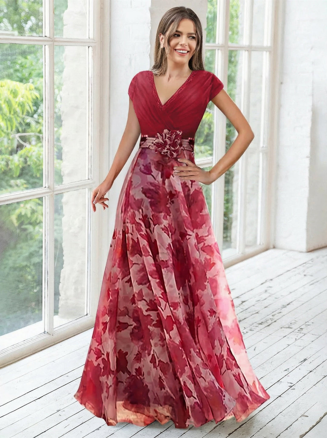 Elegant navy A-line mother of the bride dress featuring floral embellishments and a flattering V-neck design, perfect for special occasions. 9