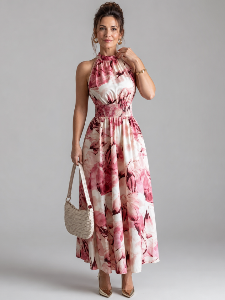 Abstract Print Midi Dress with Halter Neckline and Defined Waist – Lightweight Flowing Fabric 5