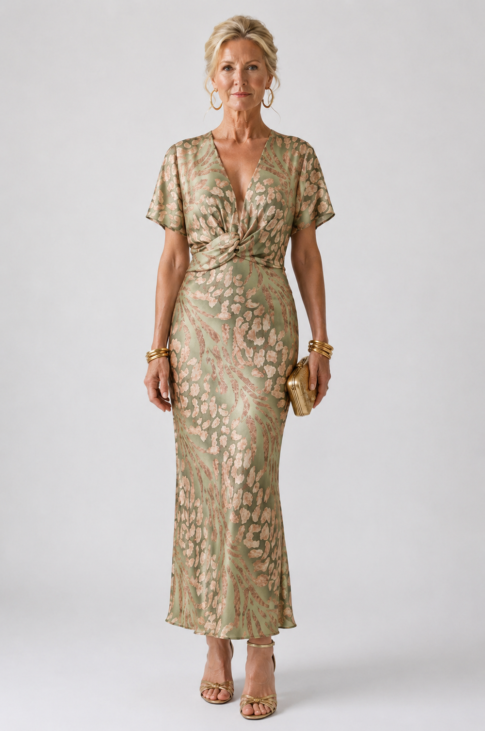 Abstract print midi dress featuring a twist waist and V-neck design, designed for women with fluid drape for a flattering silhouette. 1