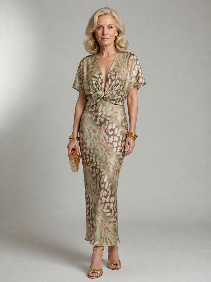 Abstract print midi dress featuring a twist waist and V-neck design, designed for women with fluid drape for a flattering silhouette. 2