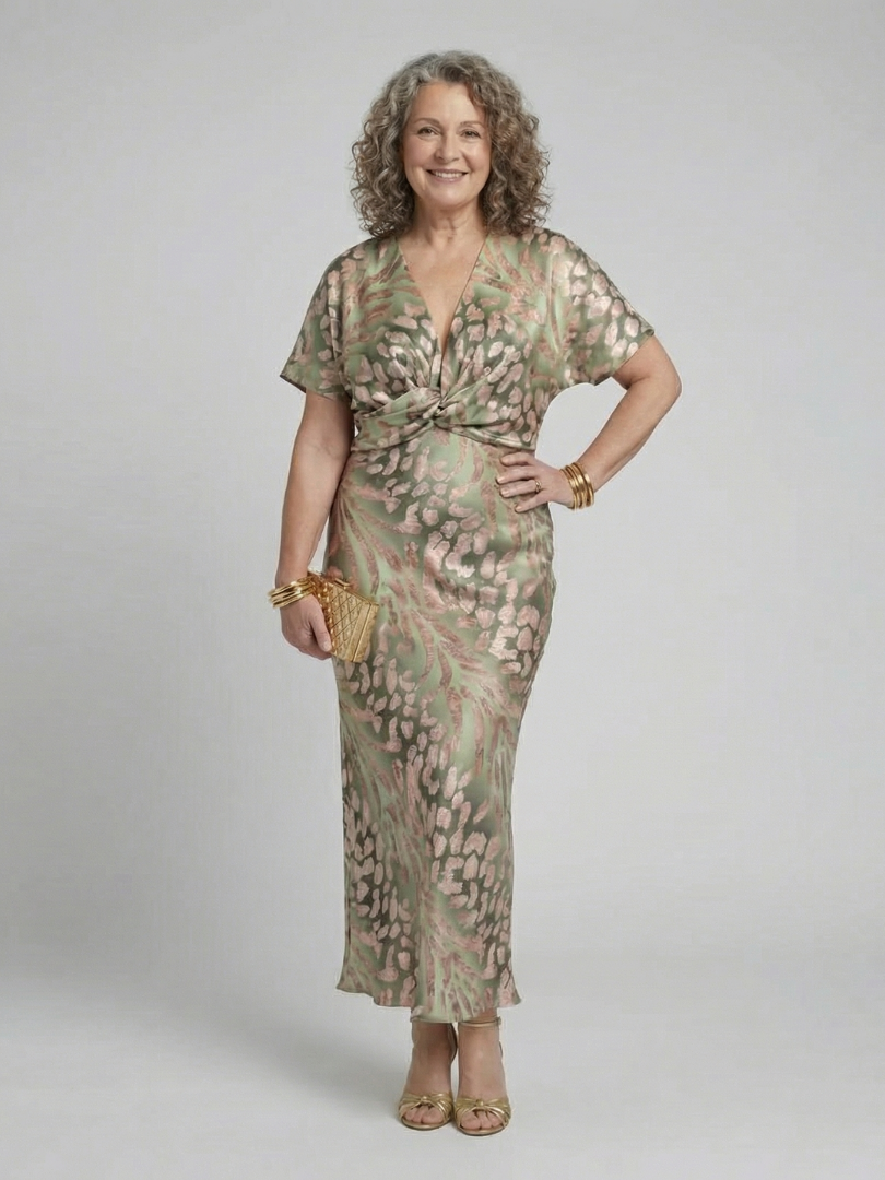 Abstract print midi dress featuring a twist waist and V-neck design, designed for women with fluid drape for a flattering silhouette. 5