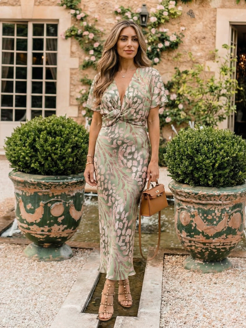 Abstract print midi dress featuring a twist waist and V-neck design, designed for women with fluid drape for a flattering silhouette. 6