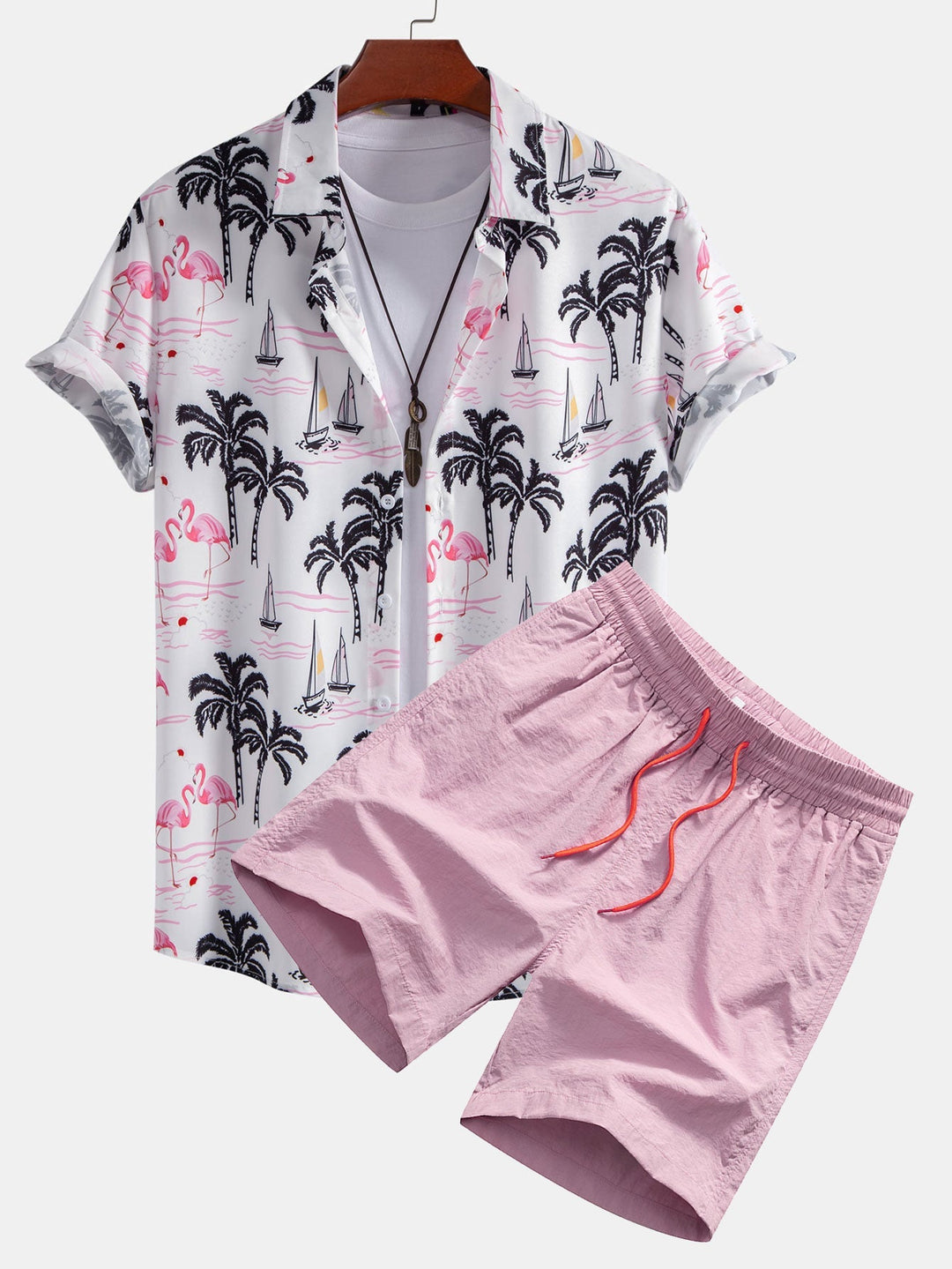Lightweight polyester beachwear set featuring a vibrant palm tree and flamingo print, includes a stylish shirt and comfortable nylon swim shorts, perfect for summer days 0