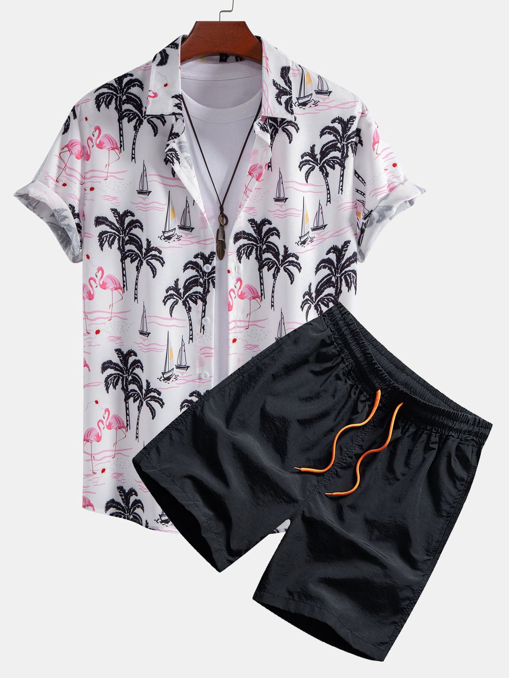 Lightweight polyester beachwear set featuring a vibrant palm tree and flamingo print, includes a stylish shirt and comfortable nylon swim shorts, perfect for summer days 1