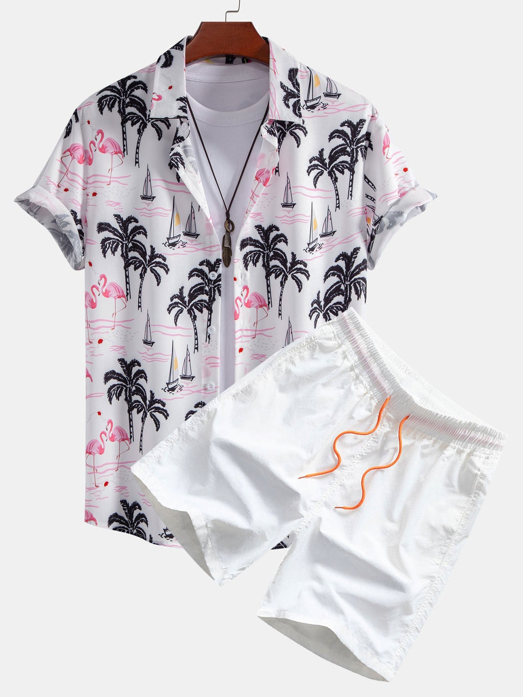 Lightweight polyester beachwear set featuring a vibrant palm tree and flamingo print, includes a stylish shirt and comfortable nylon swim shorts, perfect for summer days 2