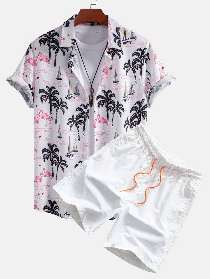 Lightweight polyester beachwear set featuring a vibrant palm tree and flamingo print, includes a stylish shirt and comfortable nylon swim shorts, perfect for summer days 2