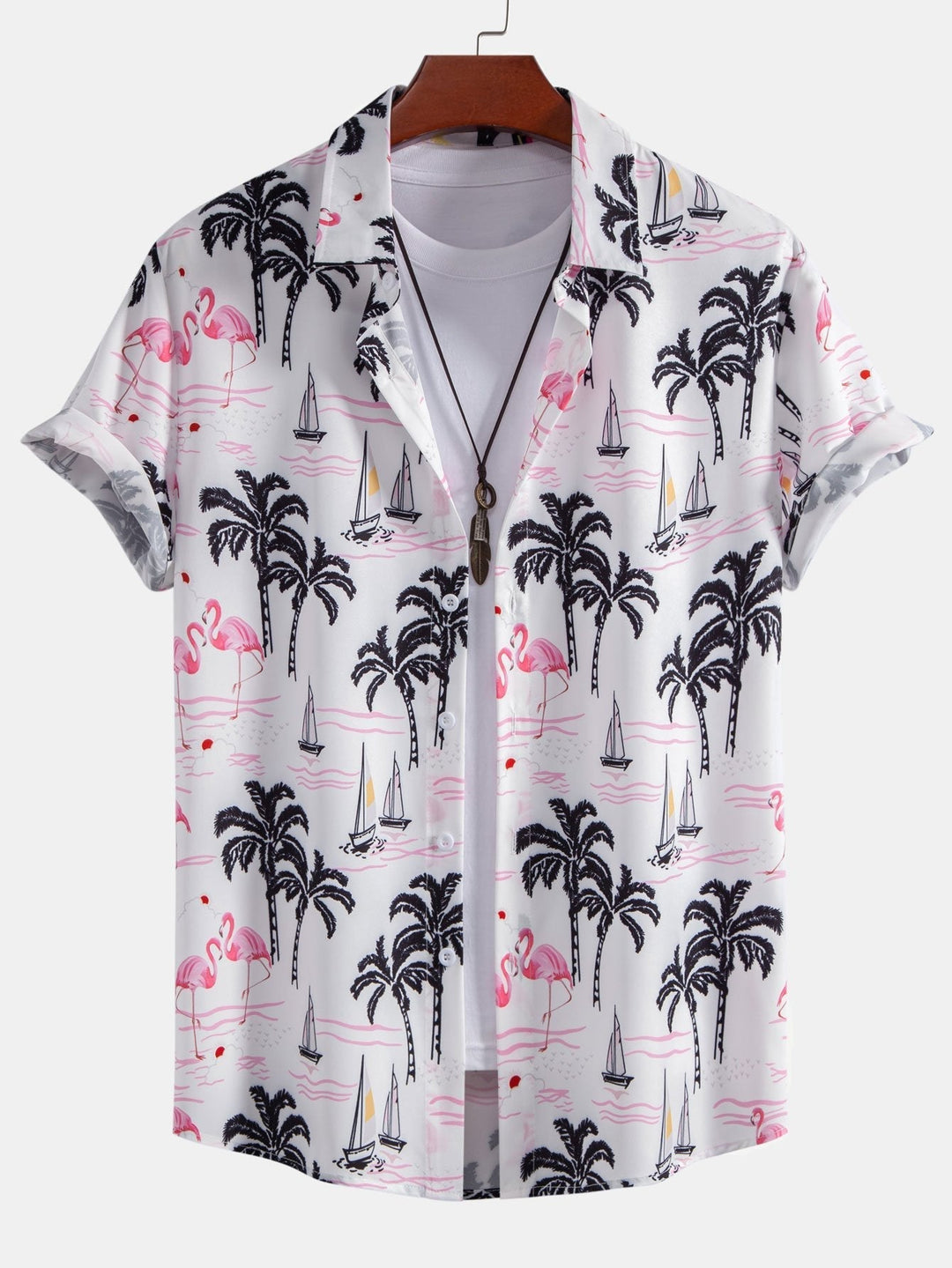 Lightweight polyester beachwear set featuring a vibrant palm tree and flamingo print, includes a stylish shirt and comfortable nylon swim shorts, perfect for summer days 3