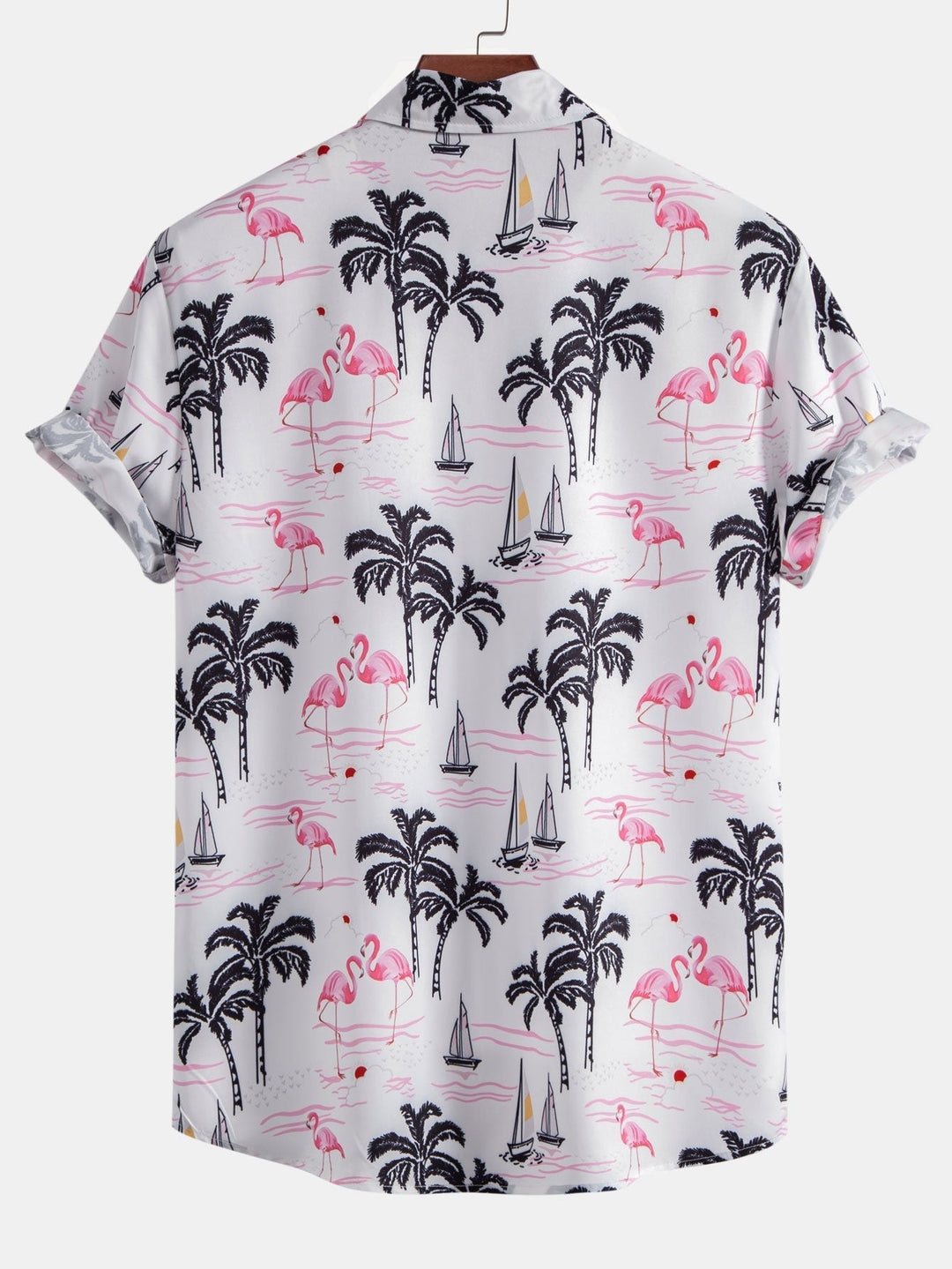 Lightweight polyester beachwear set featuring a vibrant palm tree and flamingo print, includes a stylish shirt and comfortable nylon swim shorts, perfect for summer days 4
