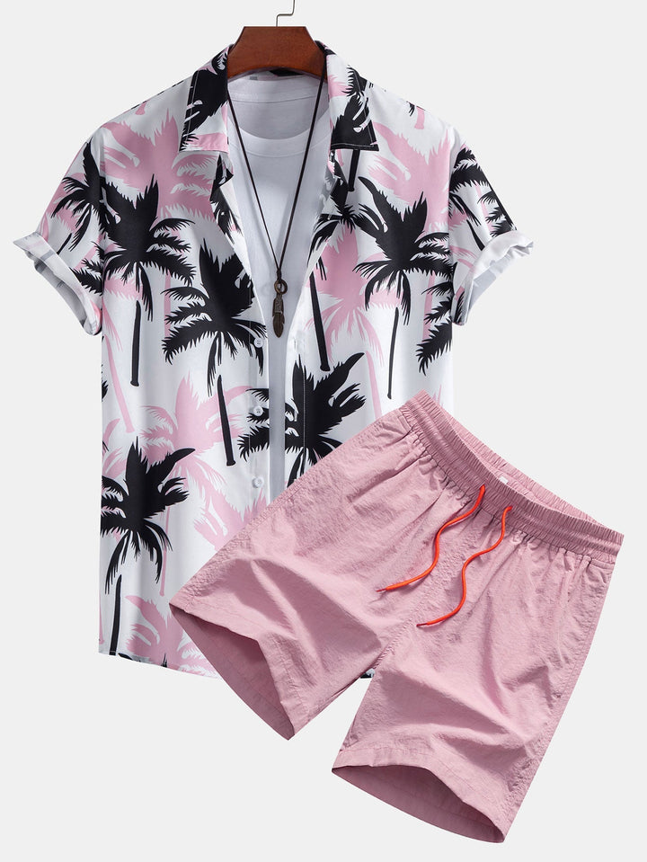 Beachwear set featuring a unique palm tree print, designed for comfort with a regular fit, includes a 100% polyester shirt and 100% nylon 1