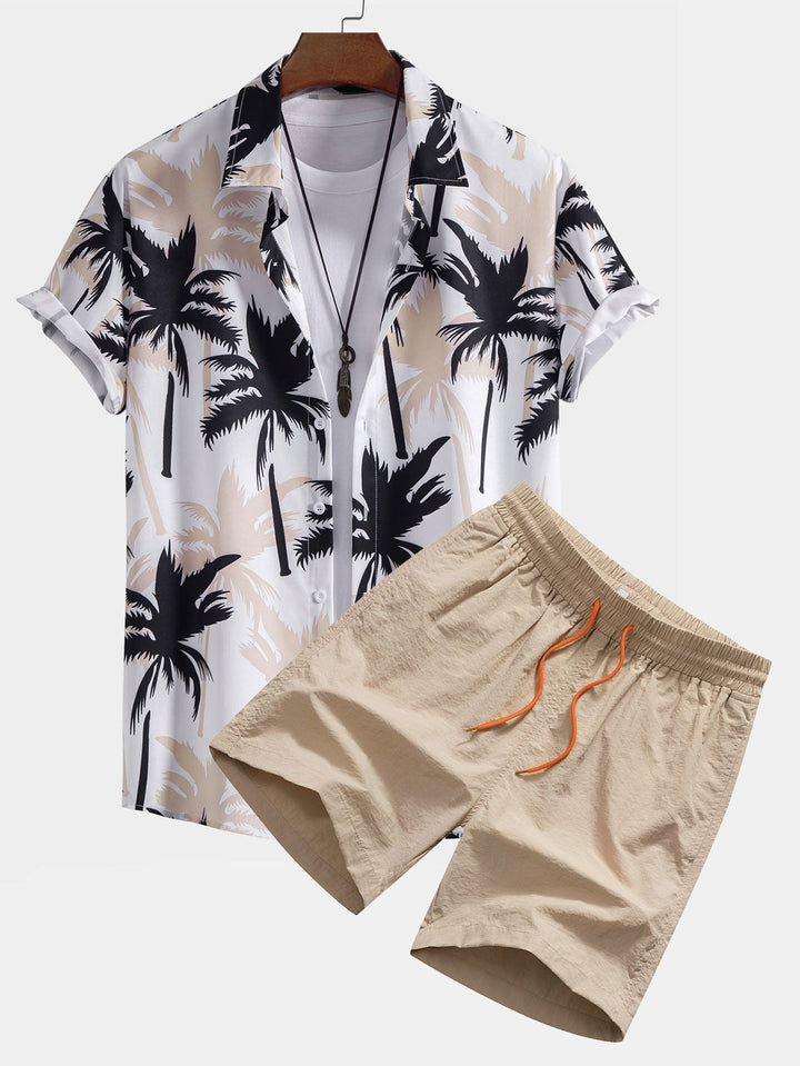 Beachwear set featuring a unique palm tree print, designed for comfort with a regular fit, includes a 100% polyester shirt and 100% nylon 3