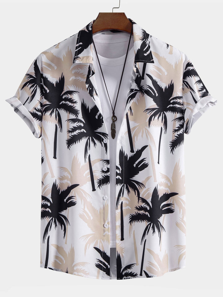 Beachwear set featuring a unique palm tree print, designed for comfort with a regular fit, includes a 100% polyester shirt and 100% nylon 4