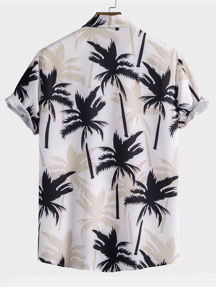 Beachwear set featuring a unique palm tree print, designed for comfort with a regular fit, includes a 100% polyester shirt and 100% nylon 5