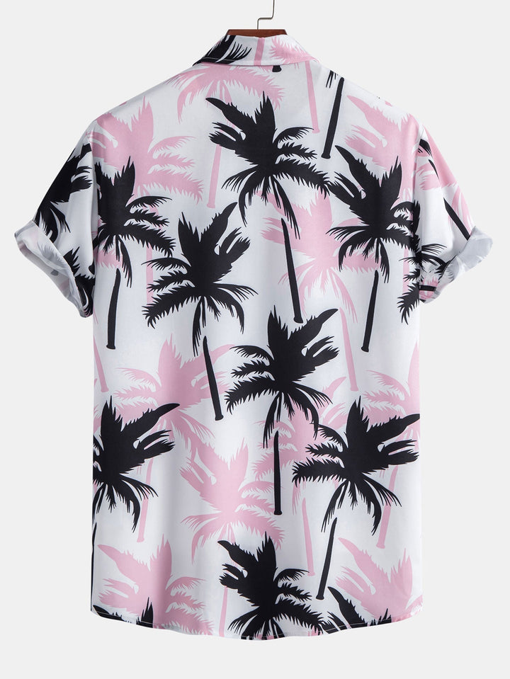 Beachwear set featuring a unique palm tree print, designed for comfort with a regular fit, includes a 100% polyester shirt and 100% nylon 7
