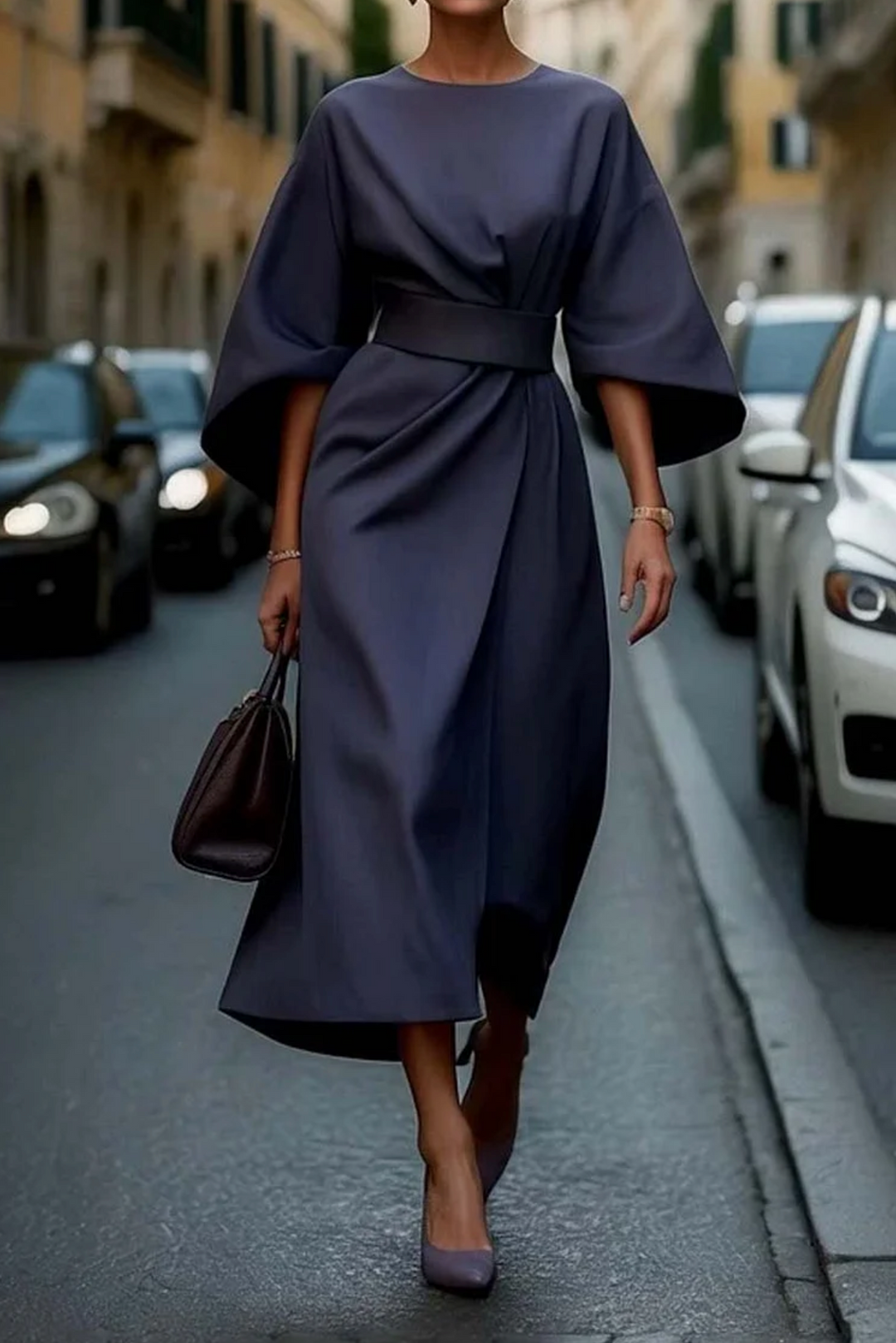 Belted maxi dress for women featuring an elegant silhouette, long sleeves, and a flowy design, ideal for weddings and special occasions. 0