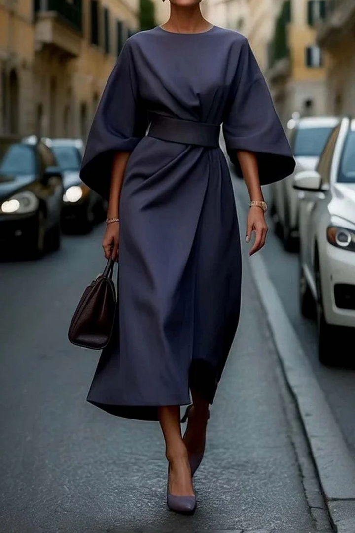 Belted maxi dress for women featuring an elegant silhouette, long sleeves, and a flowy design, ideal for weddings and special occasions. 0