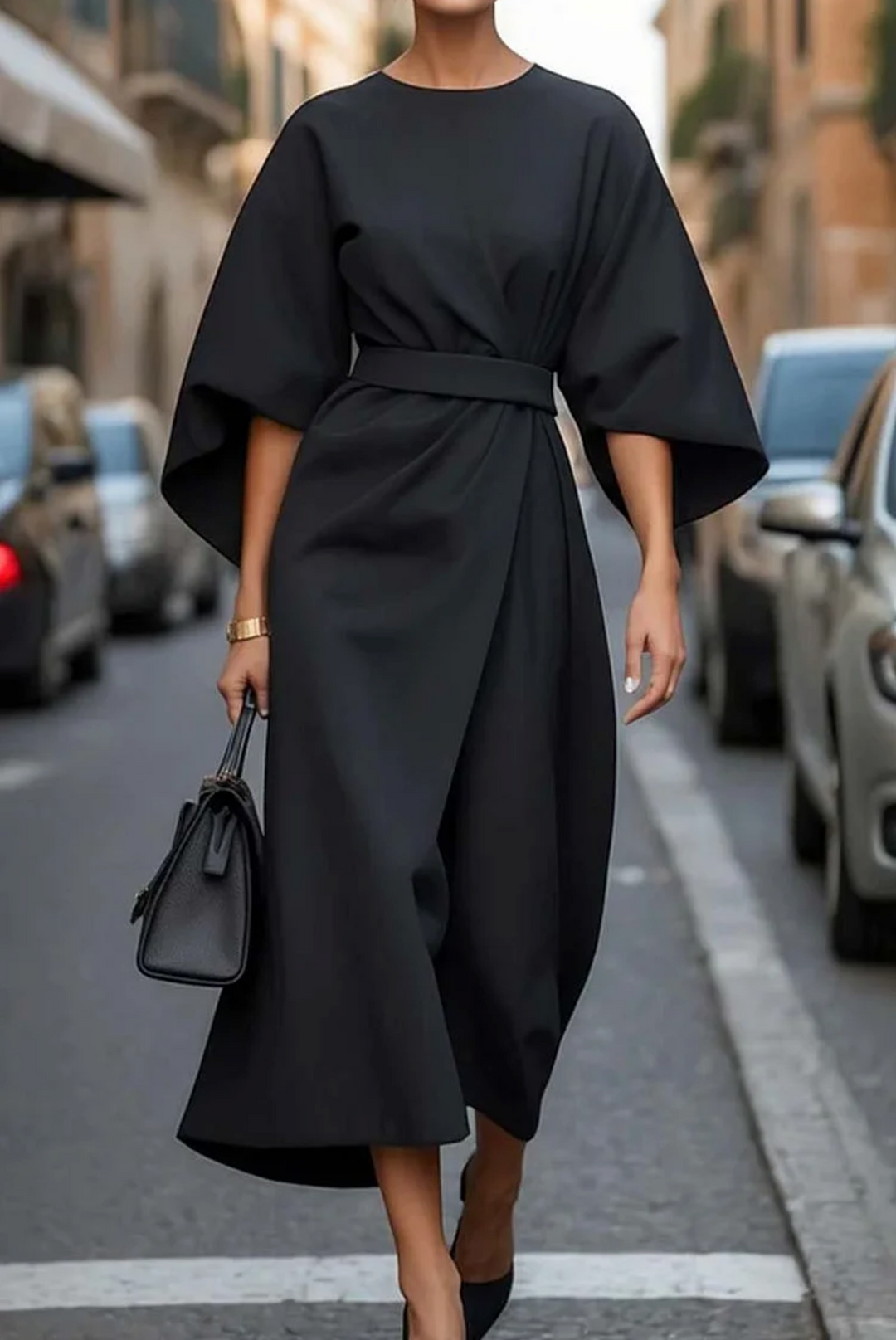 Belted maxi dress for women featuring an elegant silhouette, long sleeves, and a flowy design, ideal for weddings and special occasions. 2