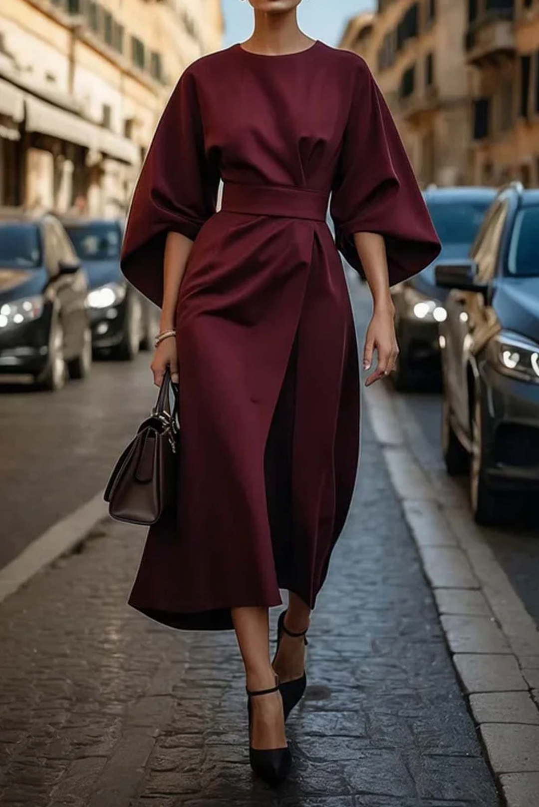 Belted maxi dress for women featuring an elegant silhouette, long sleeves, and a flowy design, ideal for weddings and special occasions. 3