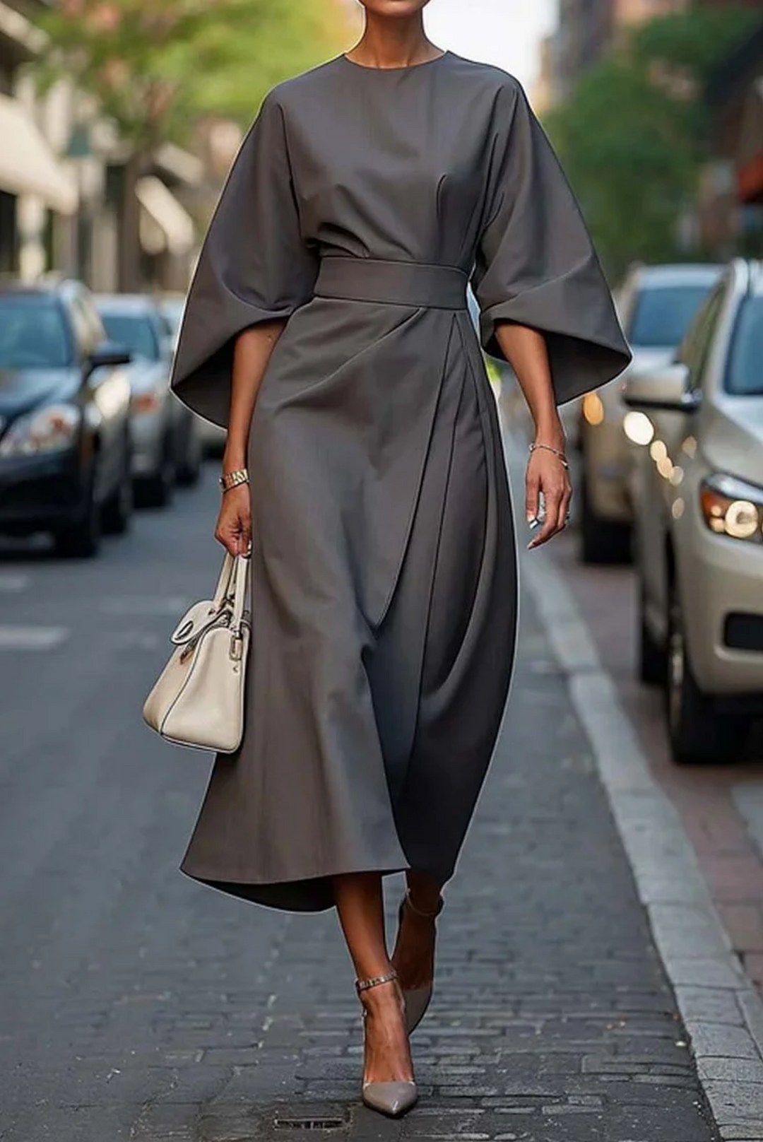 Belted maxi dress for women featuring an elegant silhouette, long sleeves, and a flowy design, ideal for weddings and special occasions. 4