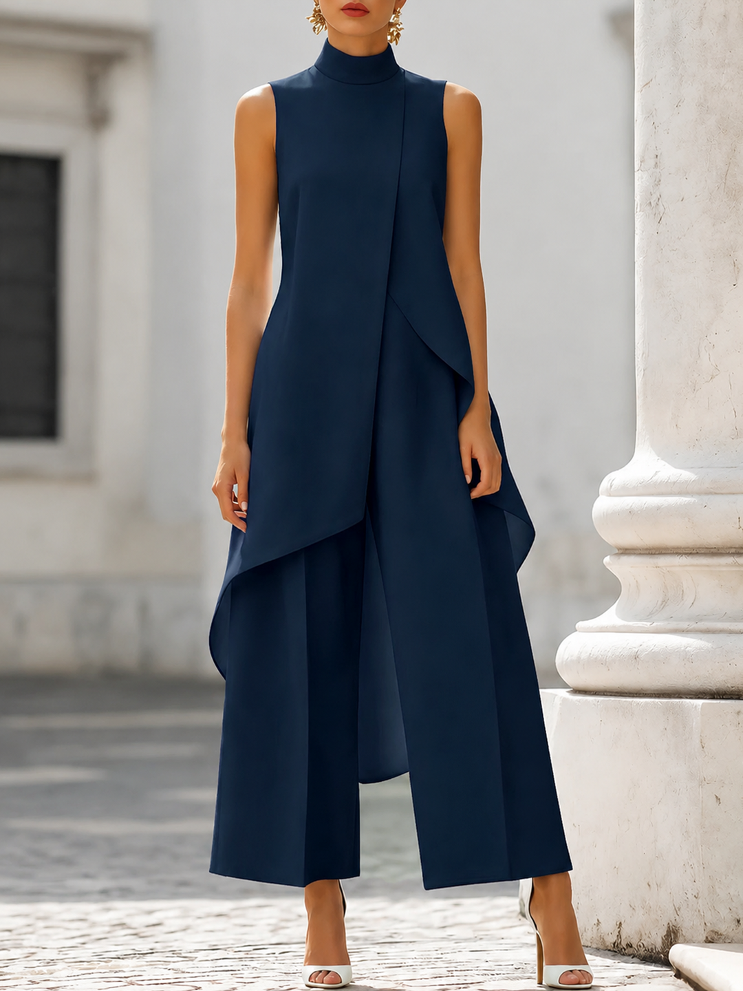 Black Jumpsuit Women with High Neckline and Draped Overlay – Elegant Wide-Leg Design for Special Occasions 3