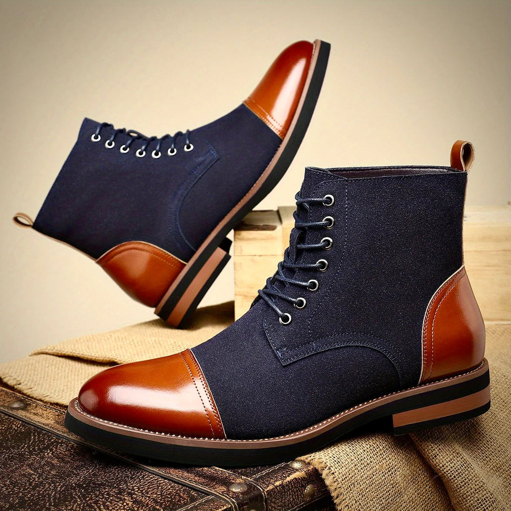 Black leather Oxford boots featuring a cushioned insole and closed-lacing design, perfect for stylish men's footwear. 1
