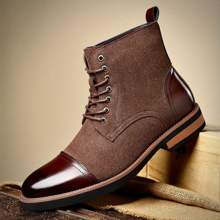 Black leather Oxford boots featuring a cushioned insole and closed-lacing design, perfect for stylish men's footwear. 5