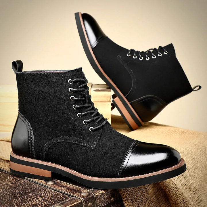 Black leather Oxford boots featuring a cushioned insole and closed-lacing design, perfect for stylish men's footwear. 6