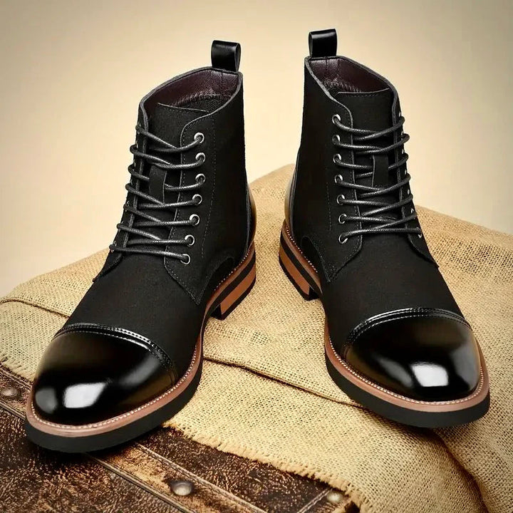 Black leather Oxford boots featuring a cushioned insole and closed-lacing design, perfect for stylish men's footwear. 7