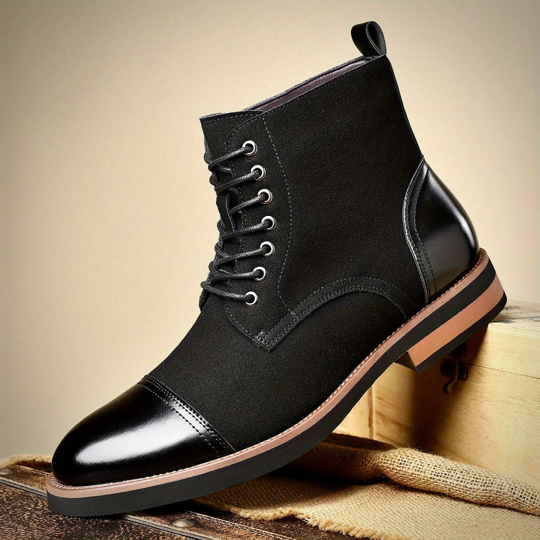 Black leather Oxford boots featuring a cushioned insole and closed-lacing design, perfect for stylish men's footwear. 8