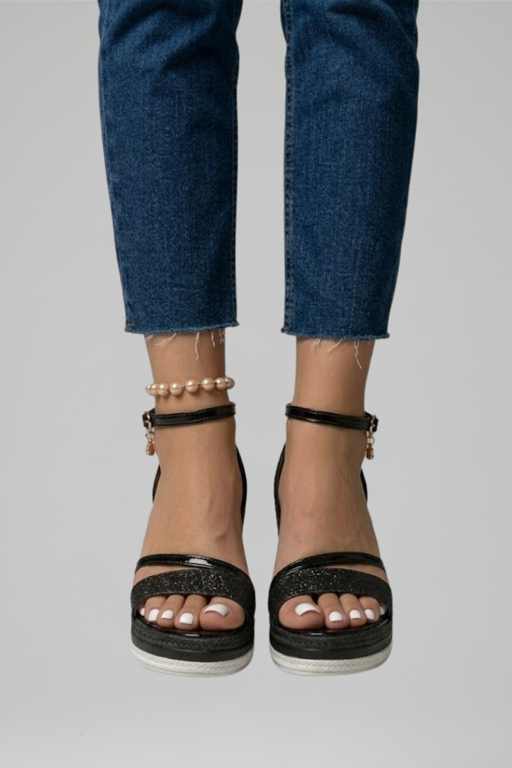 Black wedge sandals for women featuring an adjustable ankle strap, glitter open-toe design, and woven espadrille wedges, perfect for stylish summer outfits. 0