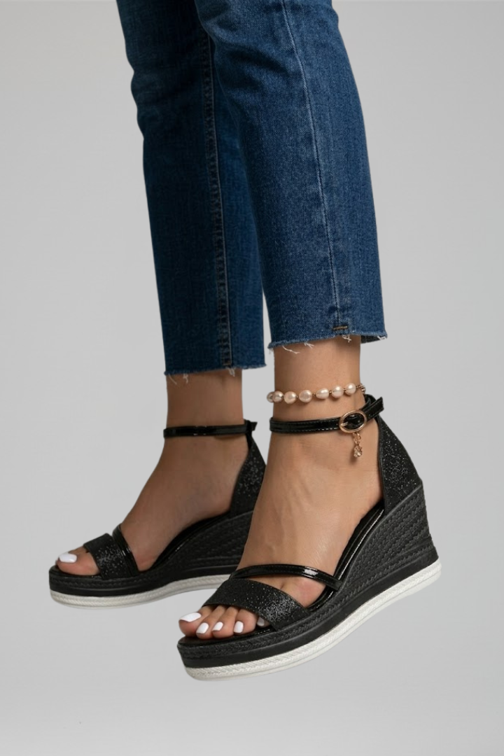 Black wedge sandals for women featuring an adjustable ankle strap, glitter open-toe design, and woven espadrille wedges, perfect for stylish summer outfits. 5