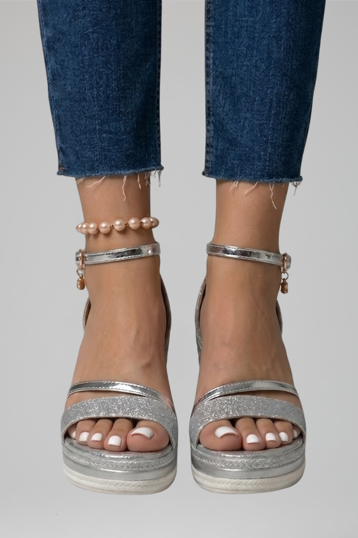 Black wedge sandals for women featuring an adjustable ankle strap, glitter open-toe design, and woven espadrille wedges, perfect for stylish summer outfits. 7
