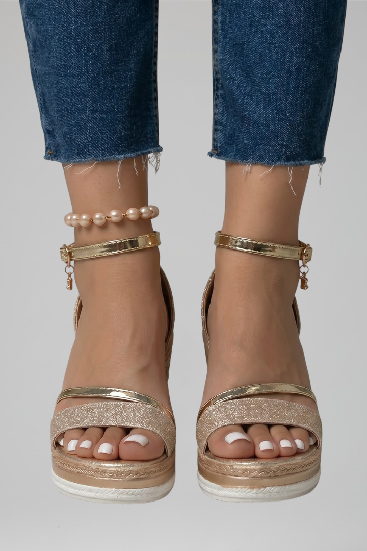 Black wedge sandals for women featuring an adjustable ankle strap, glitter open-toe design, and woven espadrille wedges, perfect for stylish summer outfits. 8
