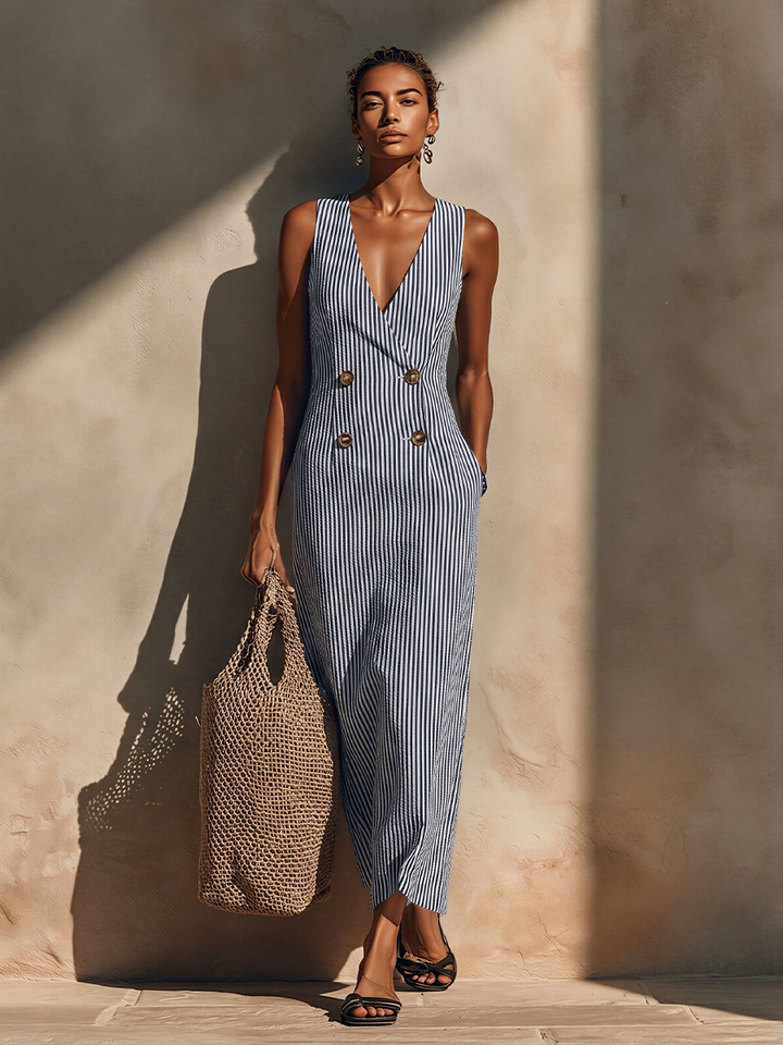 Blazer-Style Maxi Dress with Double-Breasted Gold Buttons – Nautical Stripes in Soft Breathable Fabric 1