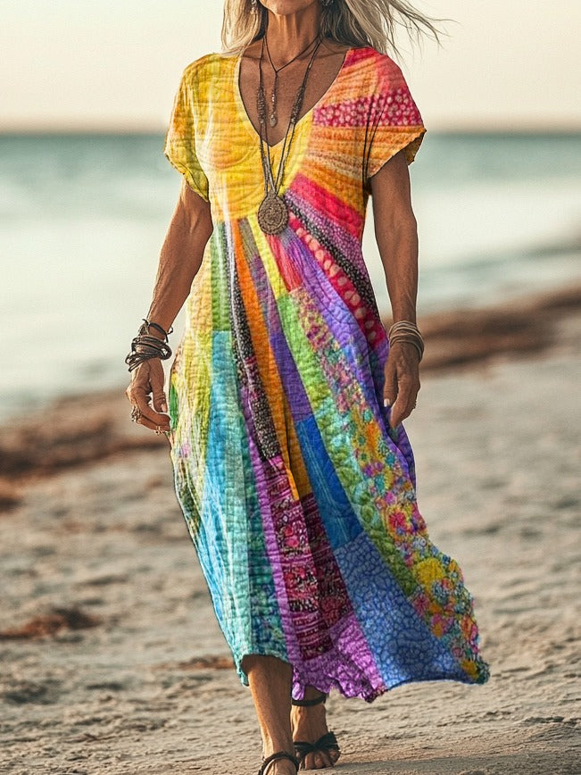 Bohemian Sun Dress for Women with Long Sleeves and V-Neck – Breathable Cotton-Linen Blend 0