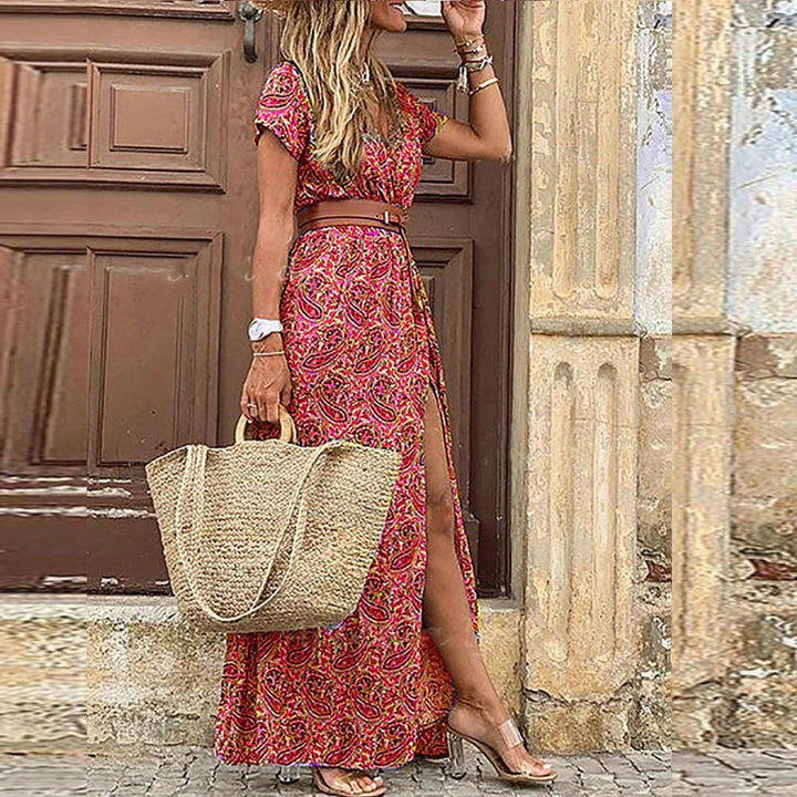 Boho maxi dress with a lightweight floral design for women, featuring a matching belt to accentuate the waist, perfect for summer outings and casual events. 3