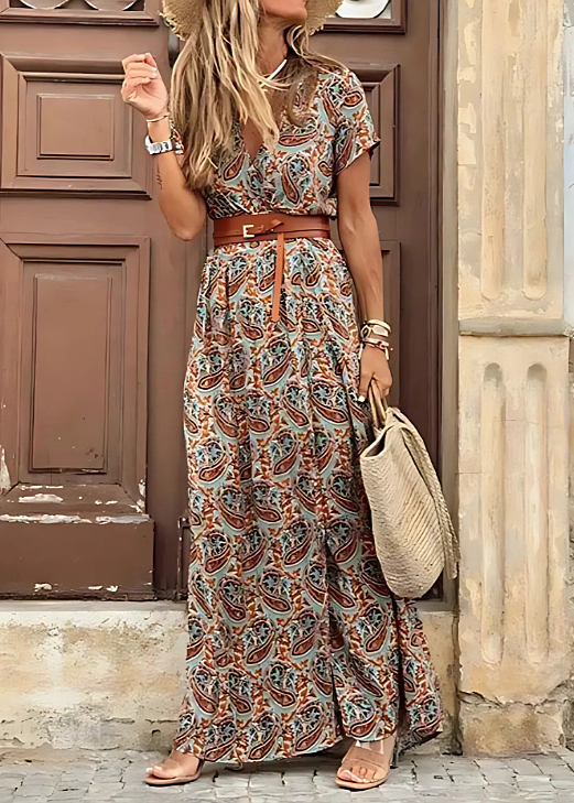 Boho maxi dress with a lightweight floral design for women, featuring a matching belt to accentuate the waist, perfect for summer outings and casual events. 4
