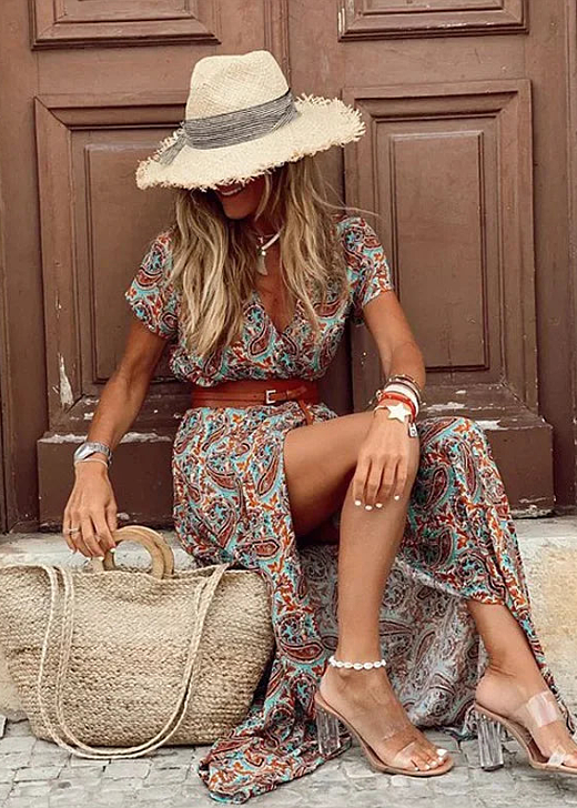 Boho maxi dress with a lightweight floral design for women, featuring a matching belt to accentuate the waist, perfect for summer outings and casual events. 6