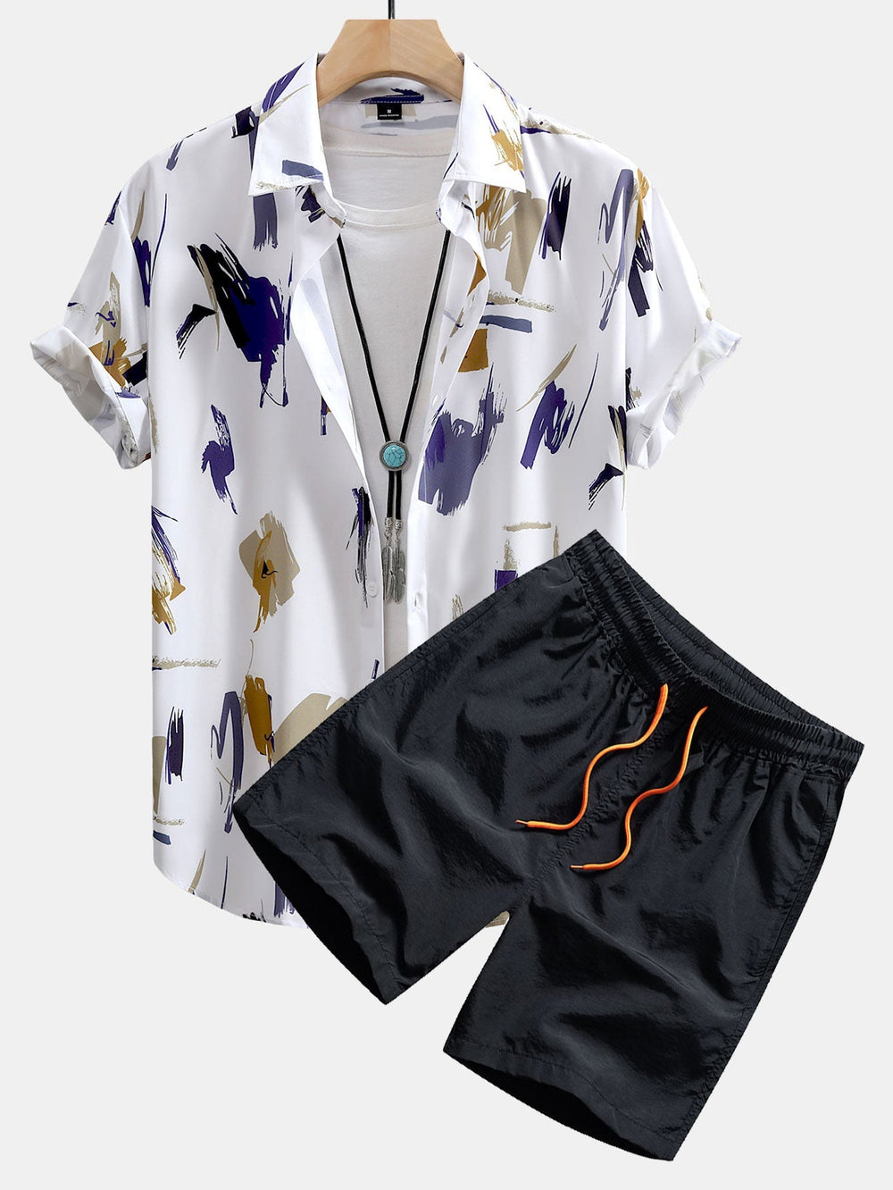 Brushstroke Print Shirt and Shorts Set – Lightweight Polyester and Nylon – Casual Beachwear 1