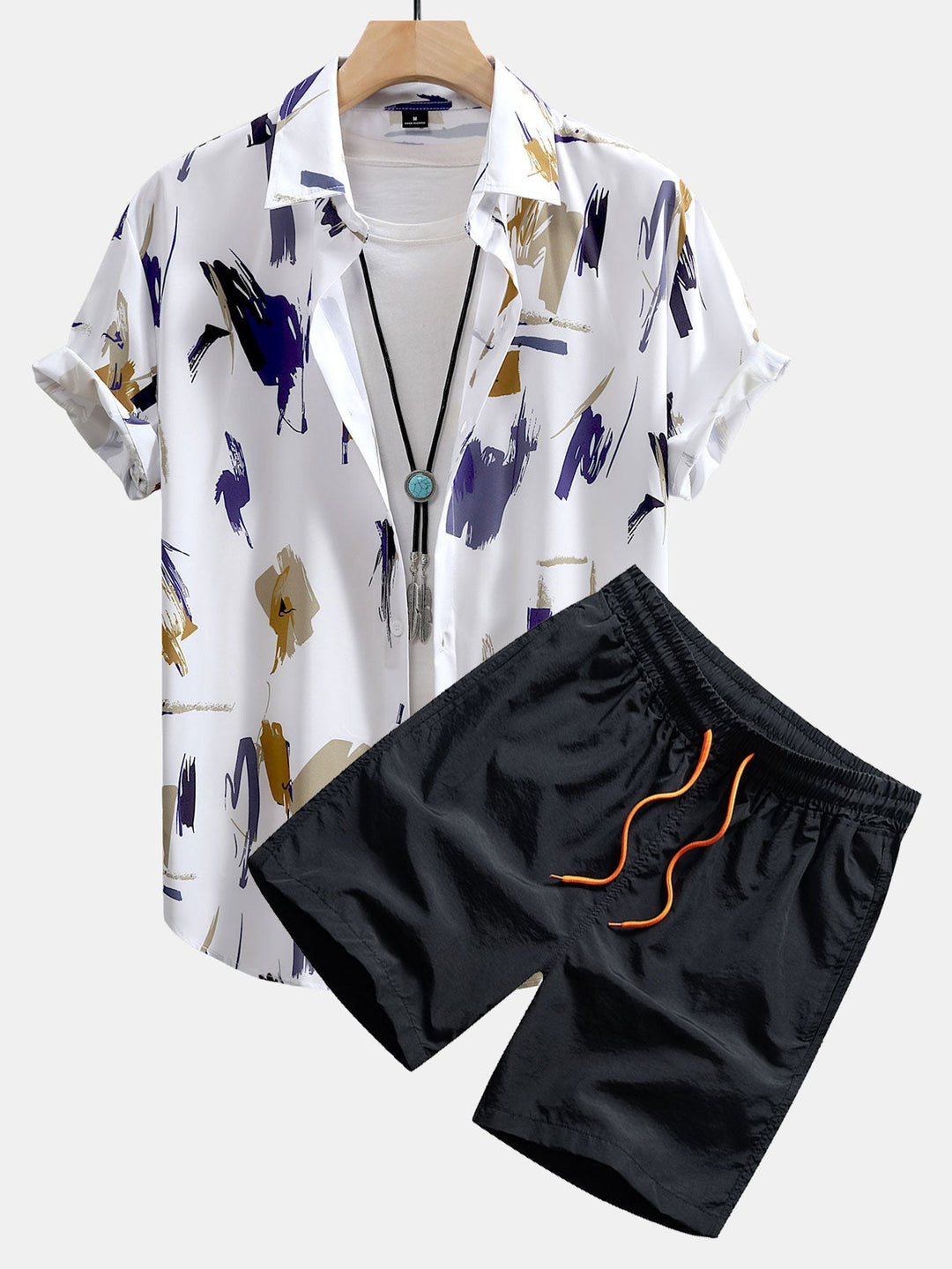 Brushstroke Print Shirt and Shorts Set – Lightweight Polyester and Nylon – Casual Beachwear 1