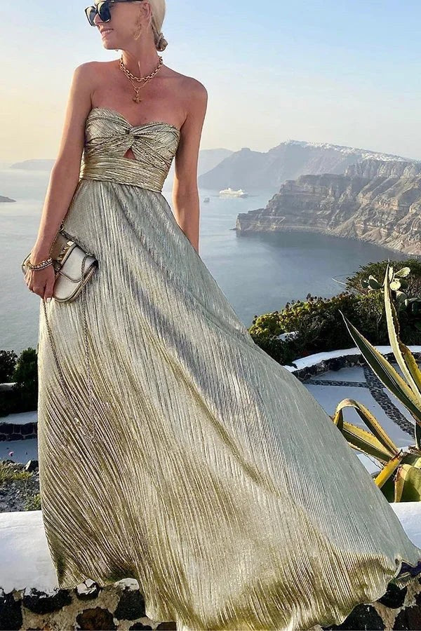 Bustier maxi dress featuring a shiny pleated finish, designed for women, perfect for elegant evening occasions, available in multiple colors. 3