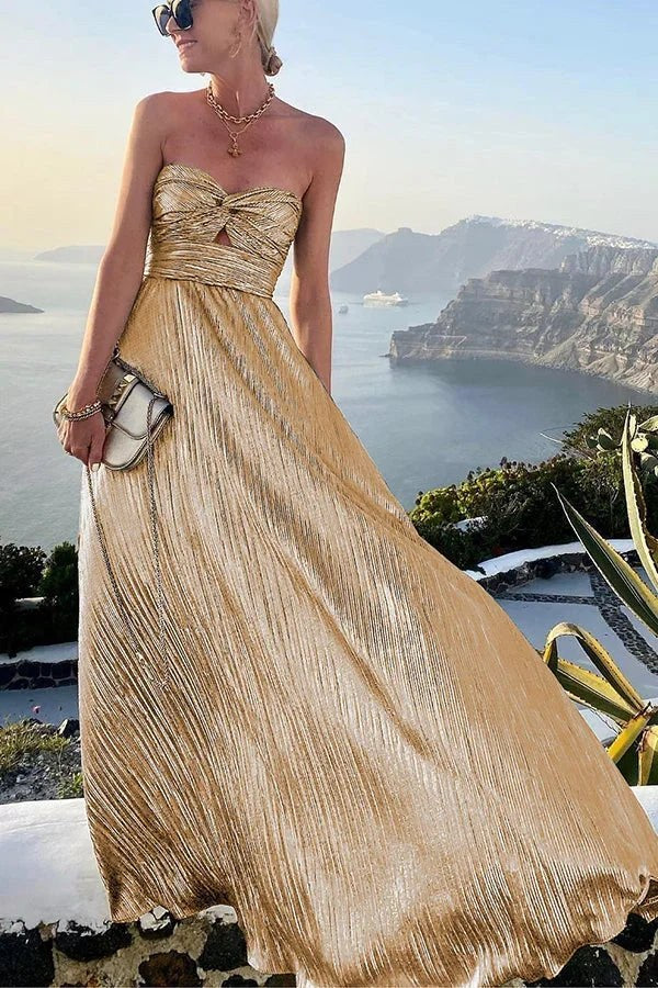 Bustier maxi dress featuring a shiny pleated finish, designed for women, perfect for elegant evening occasions, available in multiple colors. 5