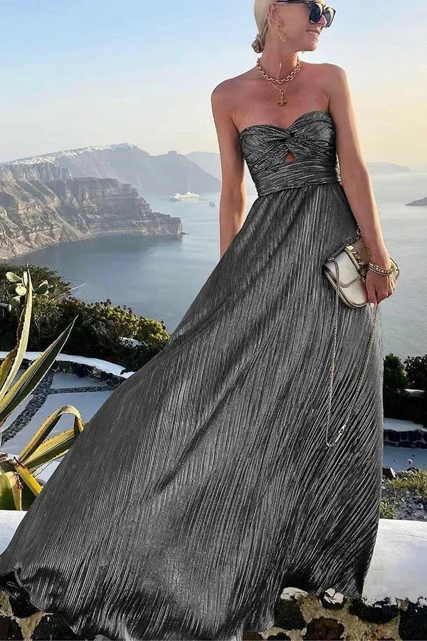 Bustier maxi dress featuring a shiny pleated finish, designed for women, perfect for elegant evening occasions, available in multiple colors. 7