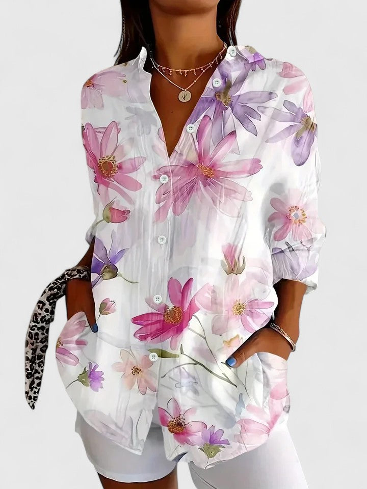 Button-up blouse featuring a vibrant multicolor artistic print, crafted from a relaxed fit cotton blend for comfortable everyday wear. 4